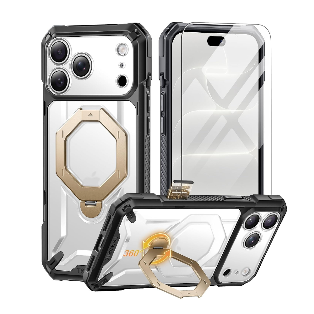 iPhone 18 Pro Max Case with 360° Spin Magnetic Stand ClearGold