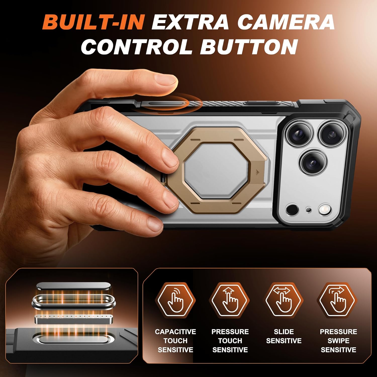 iPhone 17 Pro Max Case with 360° Spin Magnetic Stand ClearGold