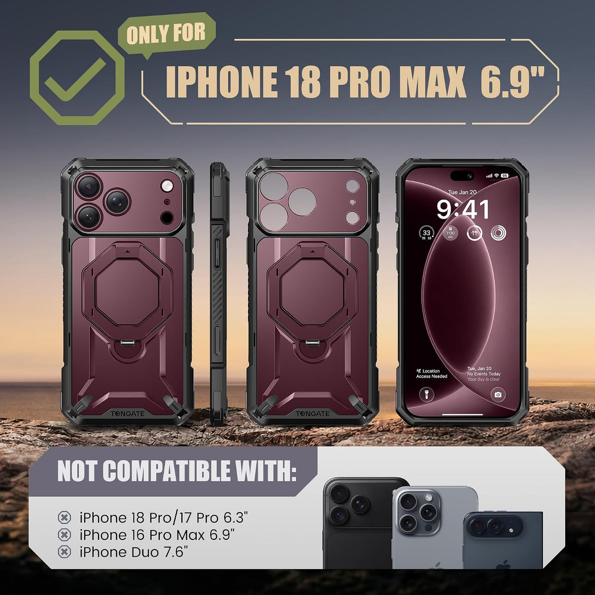 iPhone 18 Pro Max Case with 360° Spin Magnetic Stand Burgundy