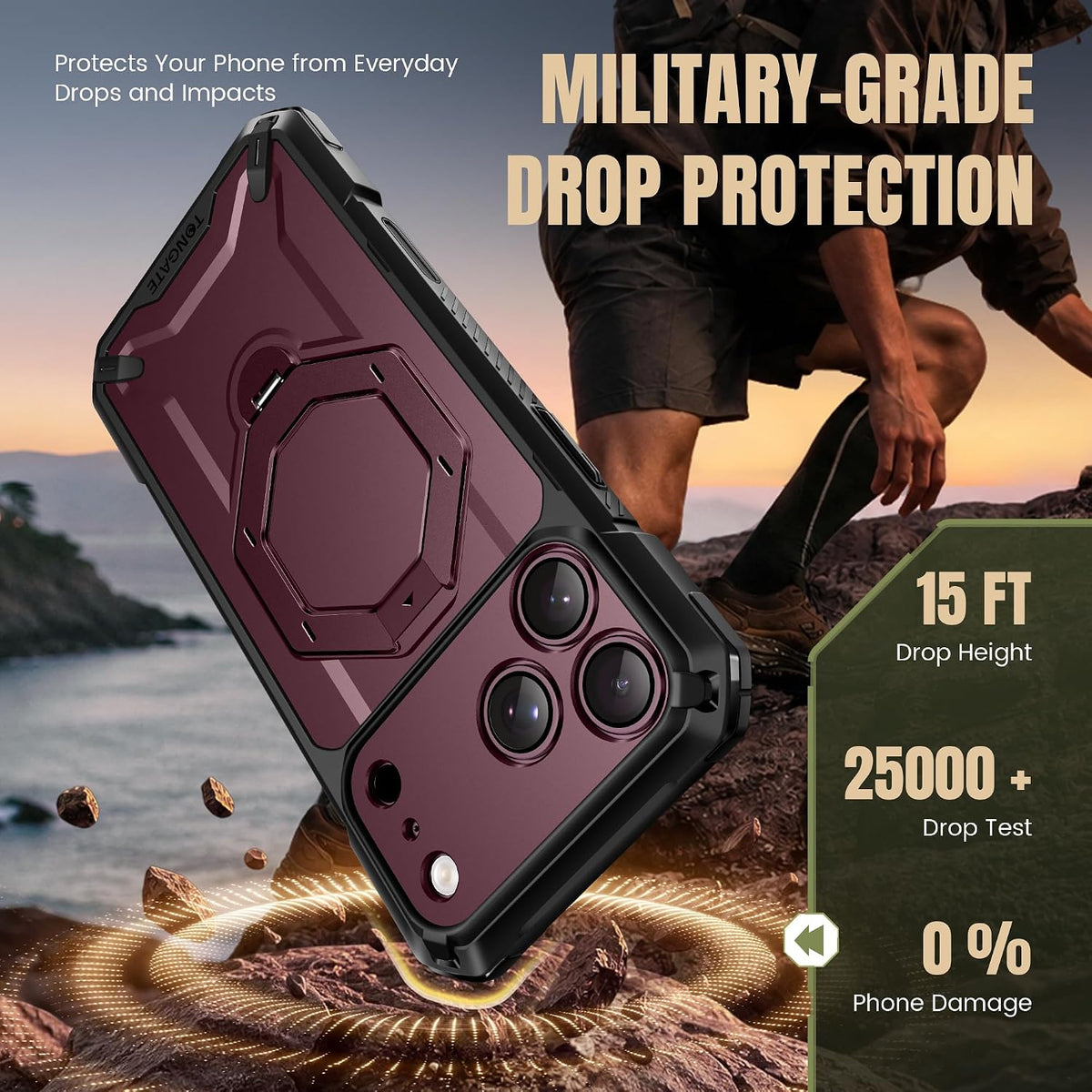 iPhone 18 Pro Max Case with 360° Spin Magnetic Stand Burgundy