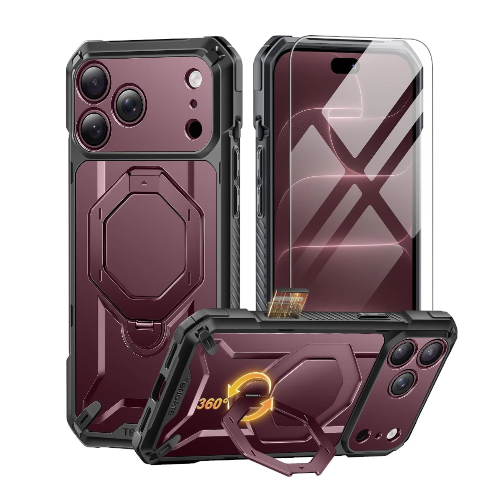 iPhone 18 Pro Max Case with 360° Spin Magnetic Stand Burgundy