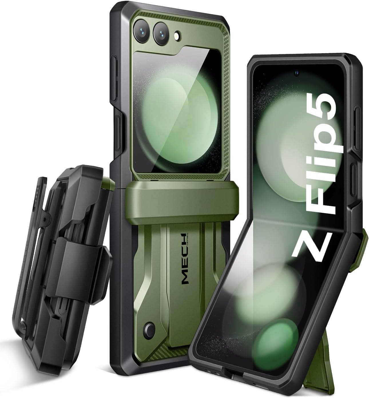 Tongate Samsung Galaxy Z Flip 5 ケース（2023）、［ヒンジ保護］［外画面保護器と隠し脚を内蔵］軍用級 Z Flip 7 Case with Stand and Belt-Clip