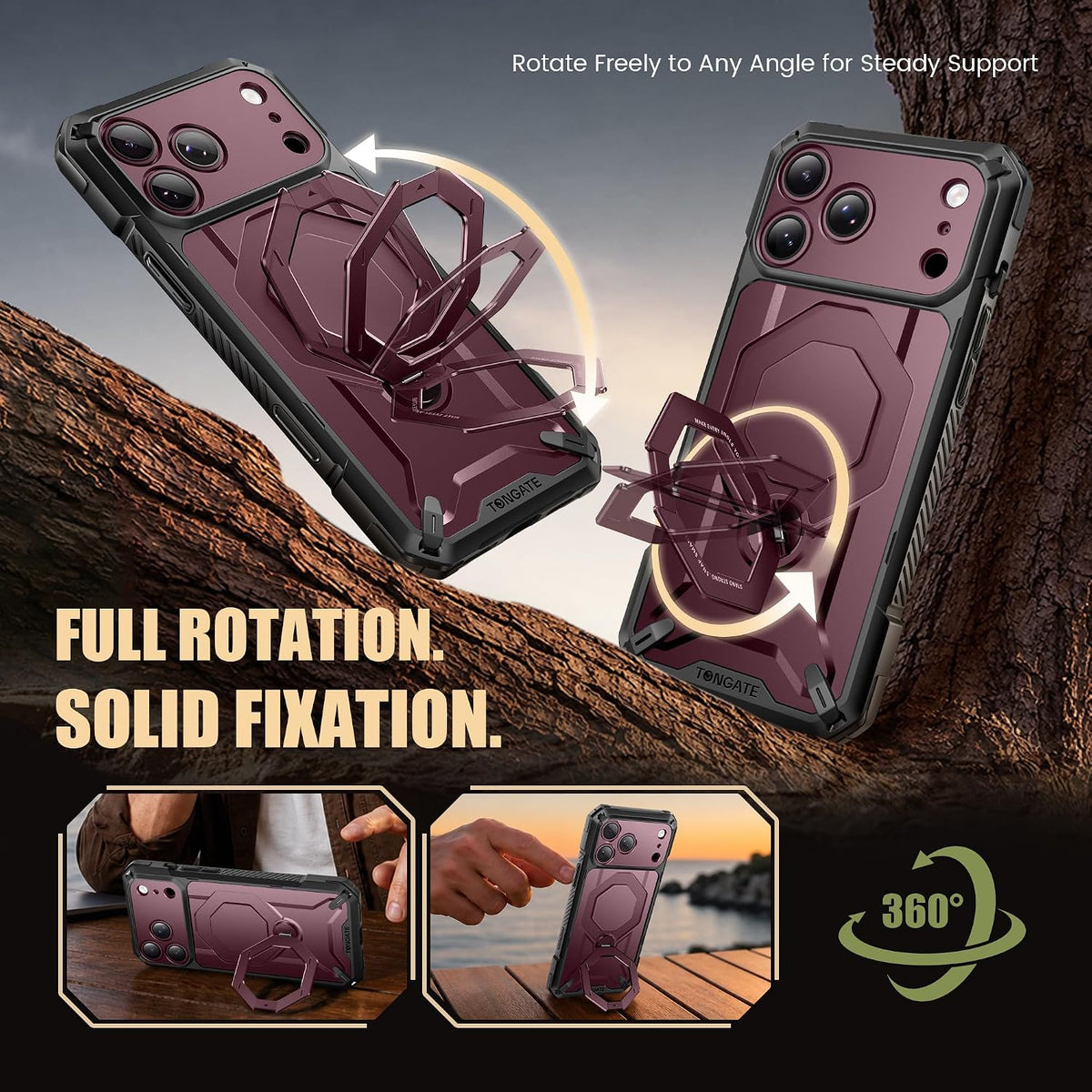 iPhone 18 Pro Max Case with 360° Spin Magnetic Stand Burgundy