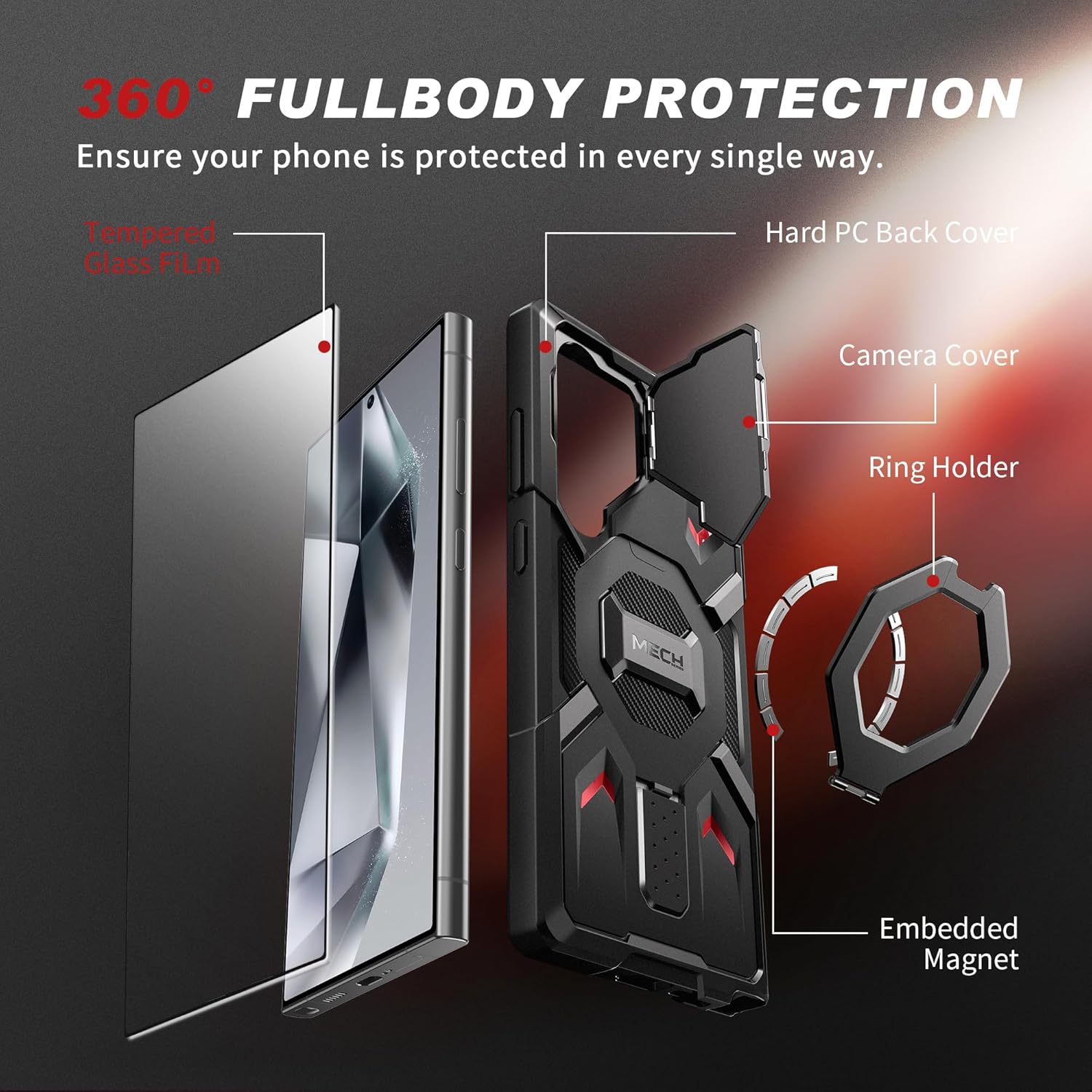 TONGATE Magnetic Case for Galaxy S25 Ultra, Ring Stand with Screen Protector