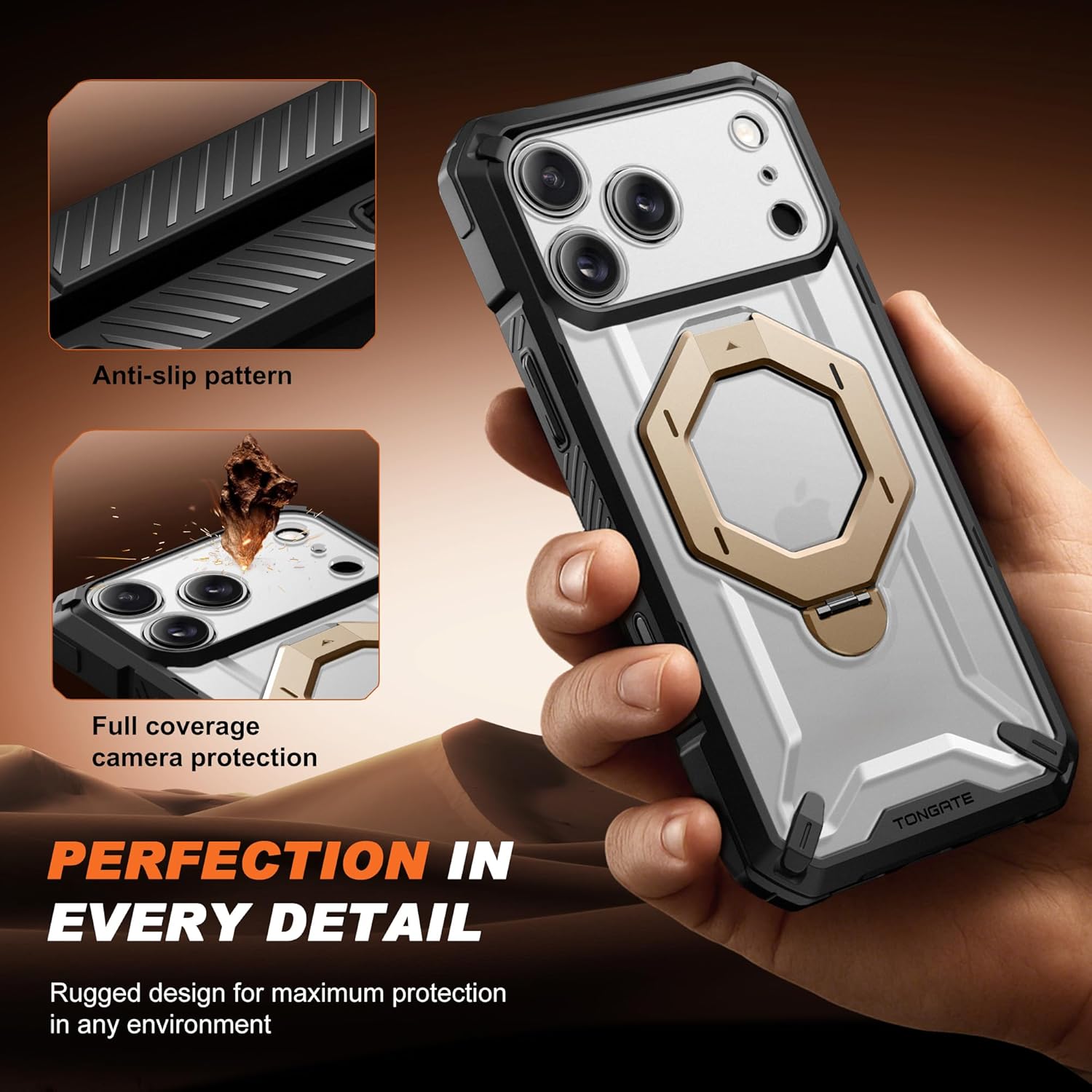 iPhone 17 Pro Max Case with 360° Spin Magnetic Stand ClearGold