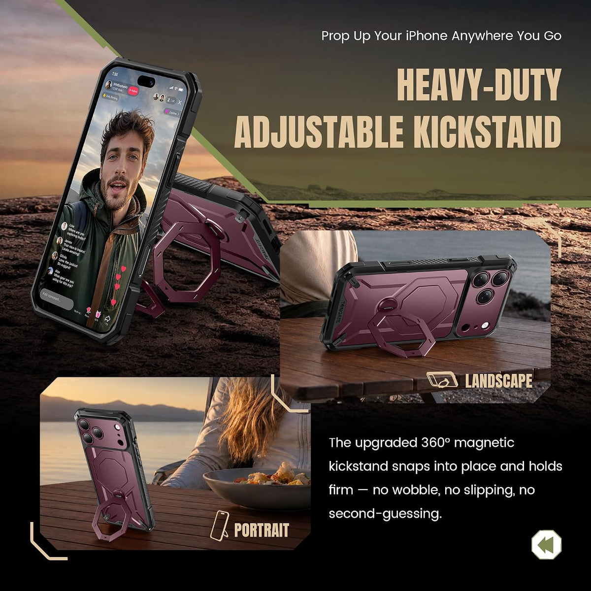 iPhone 18 Pro Max Case with 360° Spin Magnetic Stand Burgundy