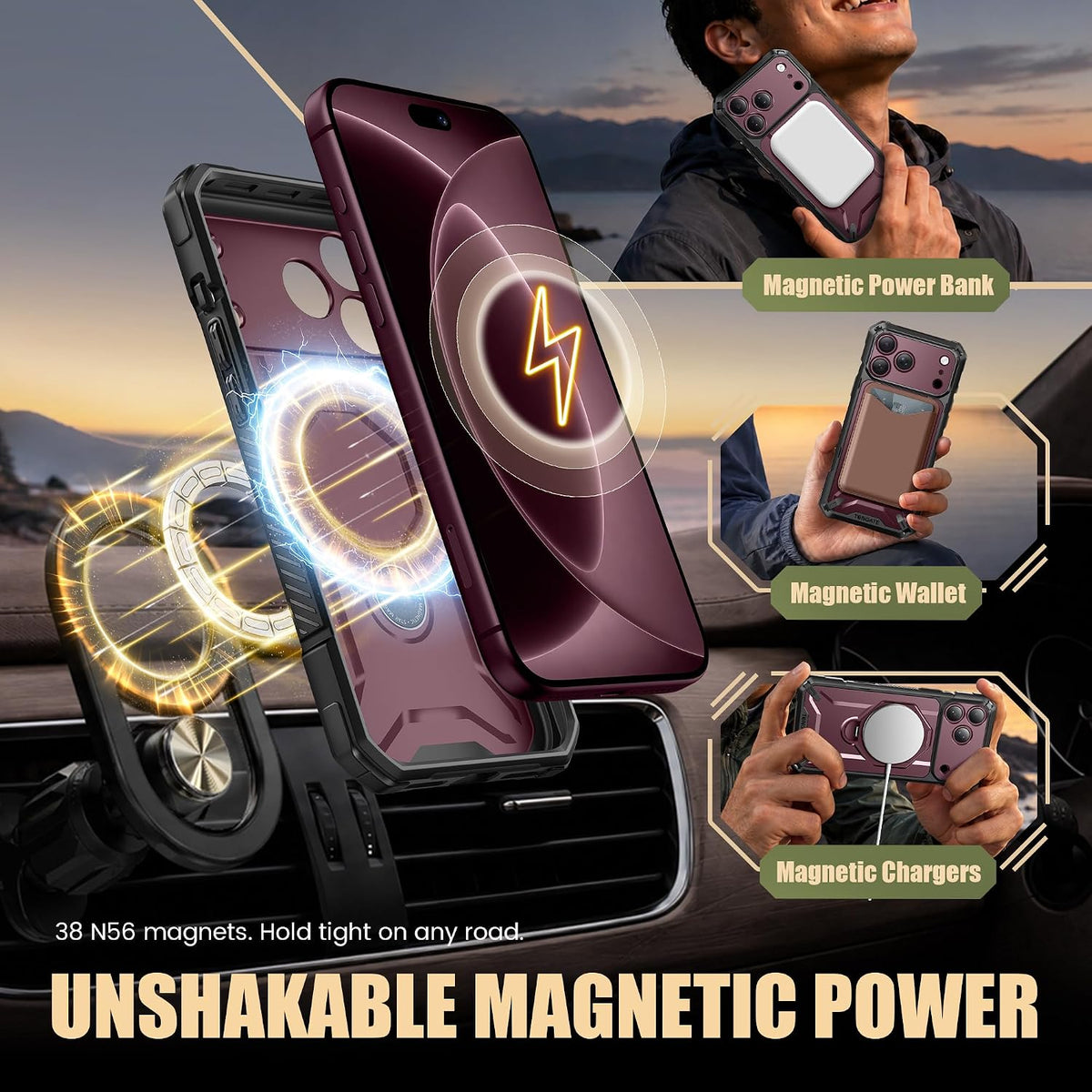 iPhone 18 Pro Max Case with 360° Spin Magnetic Stand Burgundy