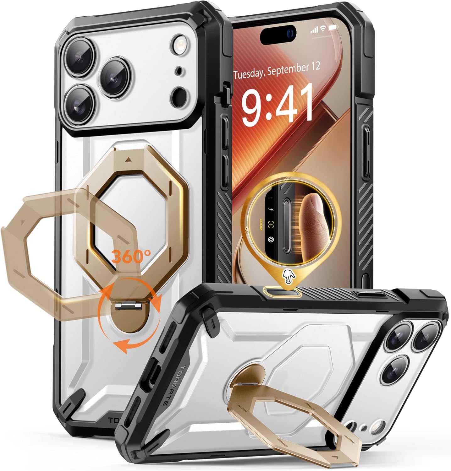 iPhone 17 Pro Max Case with 360° Spin Magnetic Stand ClearGold